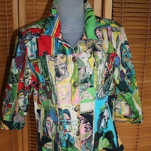Kaktus Picaso Like Print Button Down Denim Jacket 95% Cotton and 5% Spandex Sz L